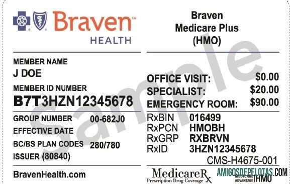Cartão de cuidados médicos Braven Heath dos EUA exemplo real